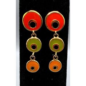 Vtg Style Orange Green Enamel Triple Circle Drop Earrings Gold Tone Post *Read